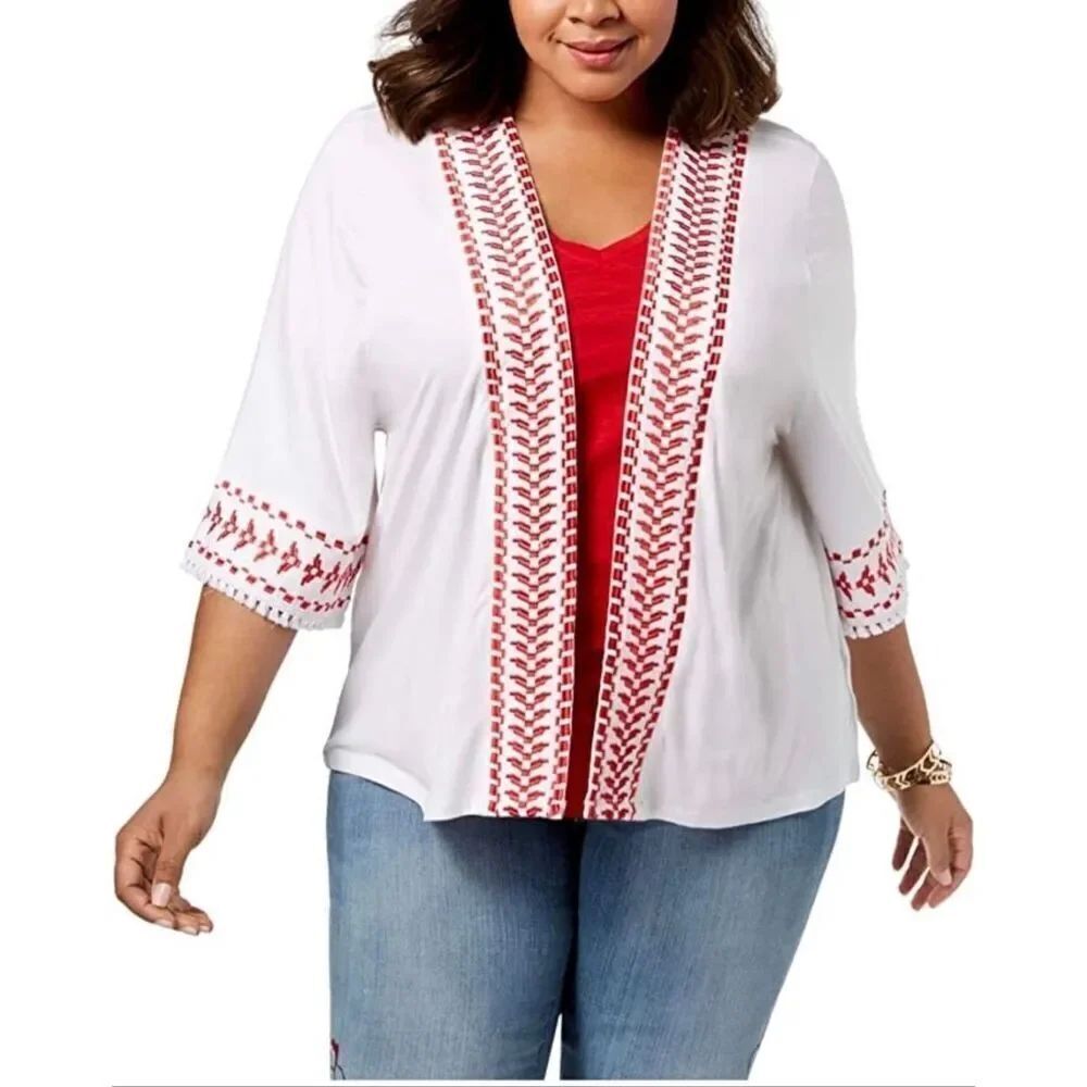 Style & Co NWT White and Red Fringe Style Kimono Women’s Size 1X